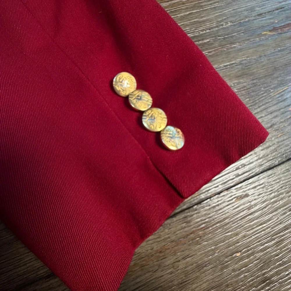 Austin Reed Dark Red Double Breasted Blazer Gold Crest Buttons Vintage Womens 12